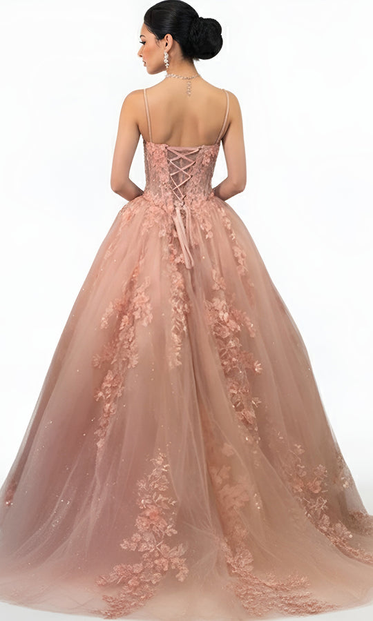Jovani Q43431 - Floral Embroidered Spaghetti Strap Ballgown