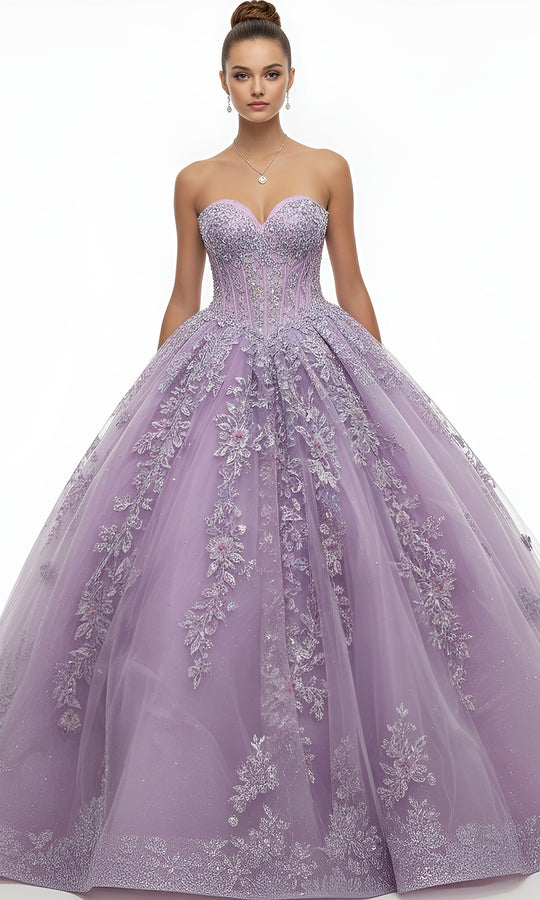 Jovani Q43432 - Glitter Tulle Floral Lace Ballgown