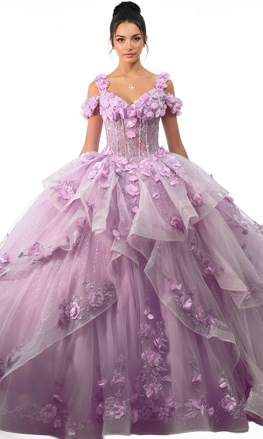 Jovani Q43810 - 3D Floral Applique Sheer Corset Ballgown