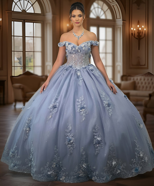 Jovani Q43820 - Off Shoulder Layered Ballgown with Embroidery