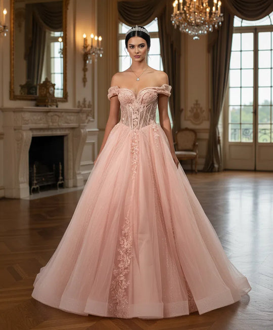 Jovani Q44558 - Off Shoulder Lace Corset Ballgown