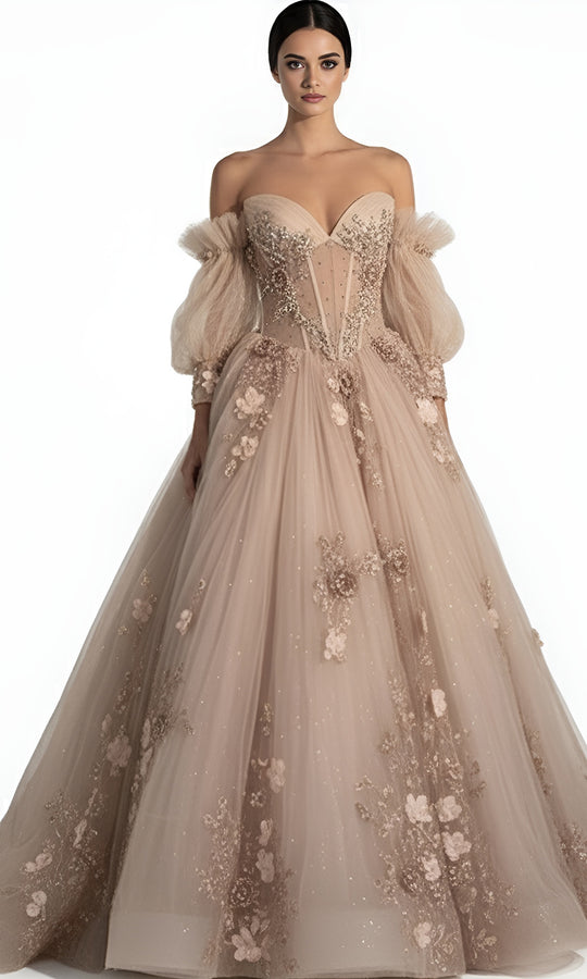 Jovani Q46662 - Off Shoulder Puff Sleeve Applique Ballgown