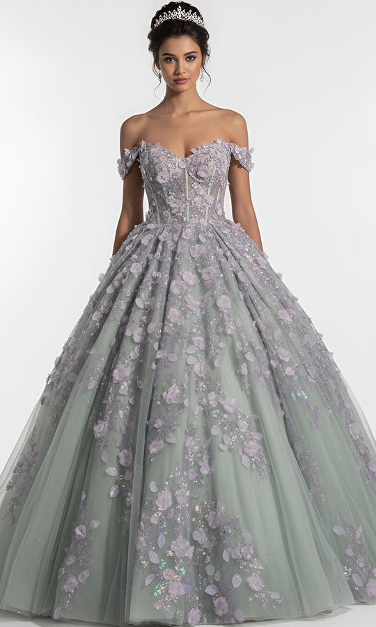 Jovani Q46665 - 3D Floral Off Shoulder Quince Gown