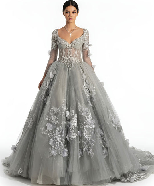 Jovani Q46666 - Sheer Corset Lace Sleeve Ballgown