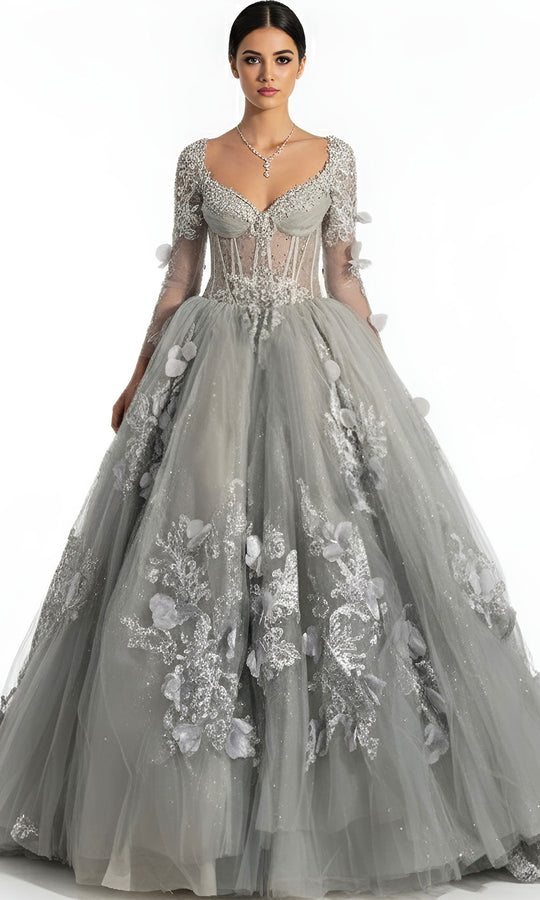 Jovani Q46666 - Sheer Corset Lace Sleeve Ballgown