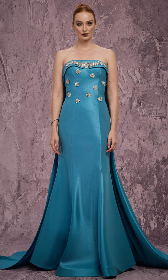 MNM COUTURE Q5574 - Bow Train Straight Neck Evening Gown