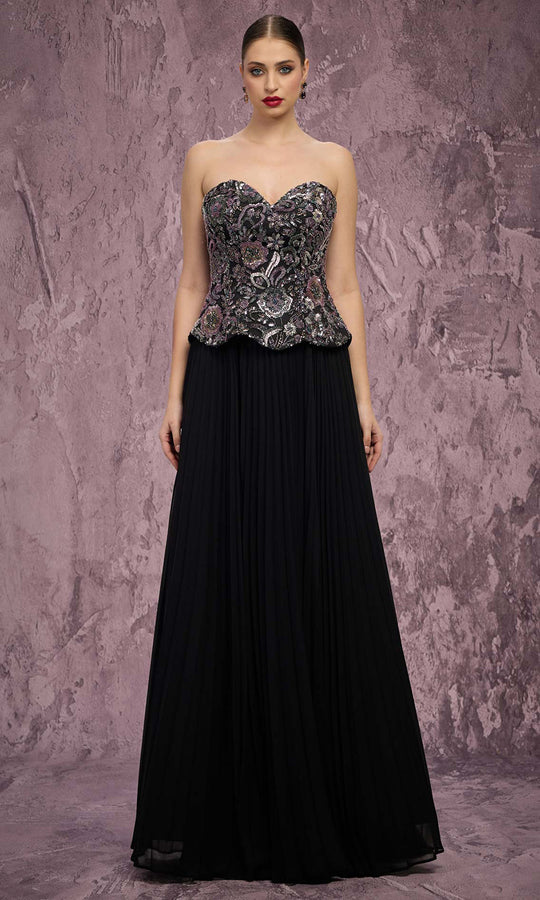 MNM COUTURE Q7778 - Floral Beaded Pleated A-Line Dress