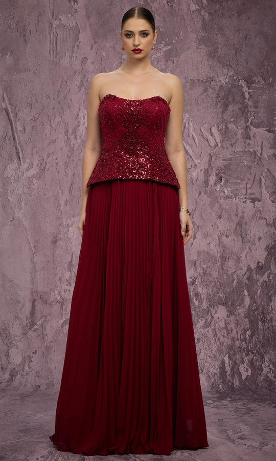 MNM COUTURE Q7788 - Beaded Top Pleated Chiffon Evening Dress