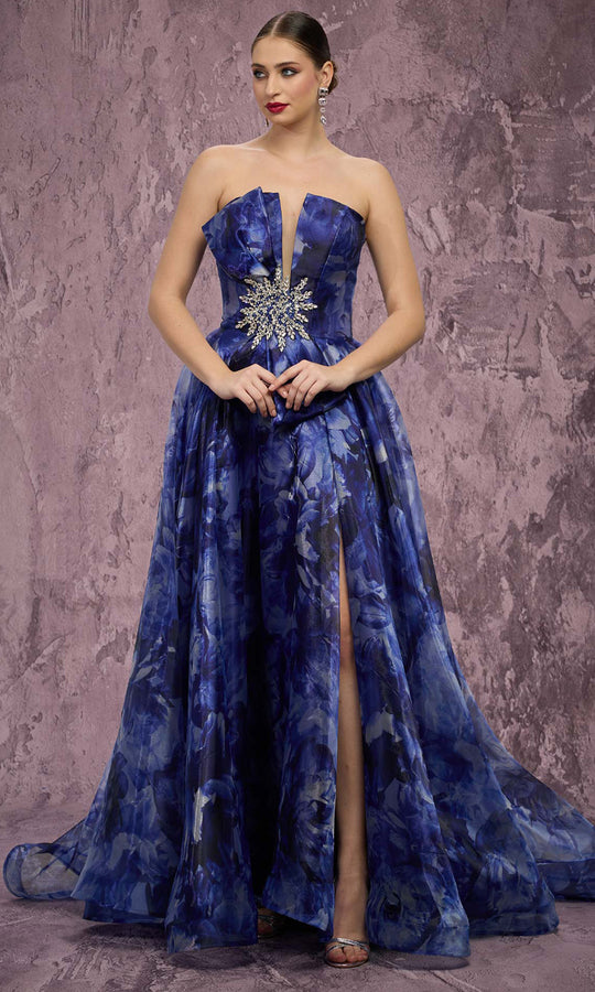 MNM COUTURE Q9060 - Floral Print Plunging Neck Evening Gown