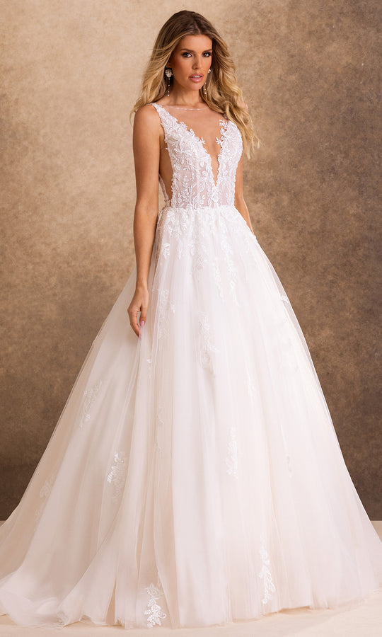 Rachel Allan Bridal RB4257 - Illusion Plunging Neckline Applique Gown