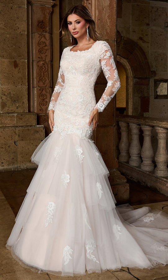 Rachel Allan RB7005 - Tiered Mermaid Gown with Long Sleeves