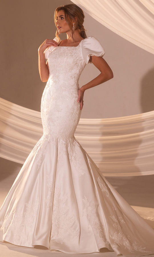 Rachel Allan RB7015 - Puff Sleeve Appliqued Mermaid Gown