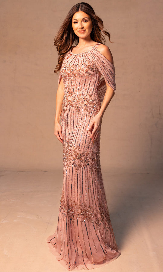 Rachel Allan RB8184 - Beaded Cape Overlay Gown with Cold Shoulder