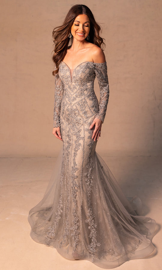 Rachel Allan RB8192 - Embroidered Mermaid Gown with Long Sleeves