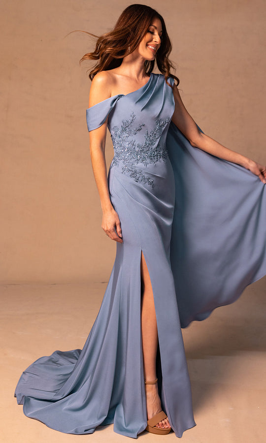 Rachel Allan RB8193 - Asymmetric Sheath Gown with Draped Cape