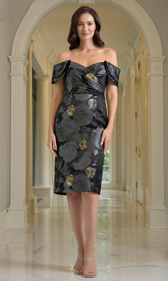 Rina di Montella RD203-1 - Beaded Belt Floral Knee-Length Dress