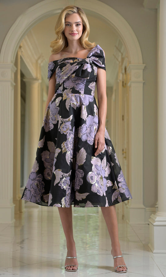 Rina di Montella RD210-1 - Tea-Length Floral A-line Evening Dress