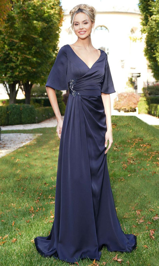 Rina di Montella RD2974-1 - Bell Sleeve Ruched Crepe Evening Gown