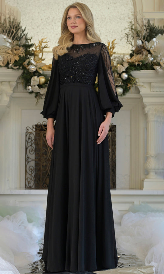 Rina Di Montella RD3374 - Beaded Bodice Bishop Sleeve Gown