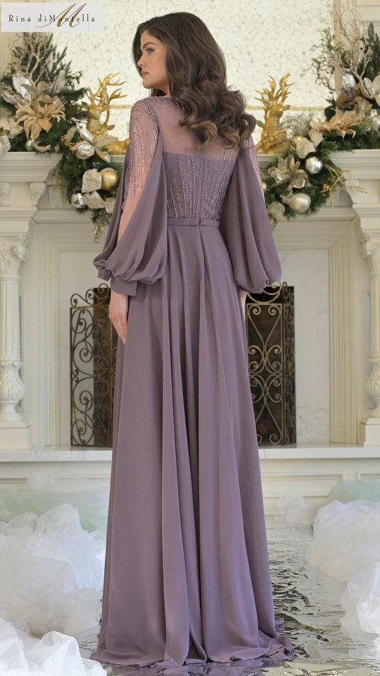 Rina di Montella RD3374-1 - Beaded Bodice Gown with Bishop Sleeves