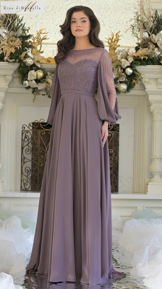 Rina di Montella RD3374-1 - Beaded Bodice Gown with Bishop Sleeves