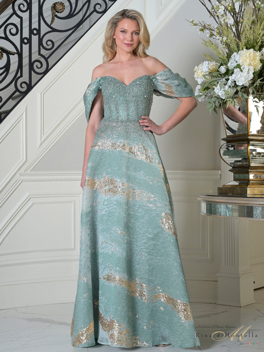 Rina di Montella RD3405-1 - Draped Sleeve Organza Jacquard Gown
