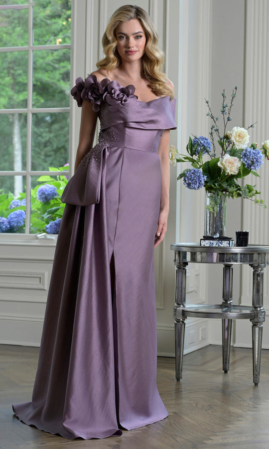 Rina di Montella RD3407-1 - Off-Shoulder Draped Dress with 3D Flowers