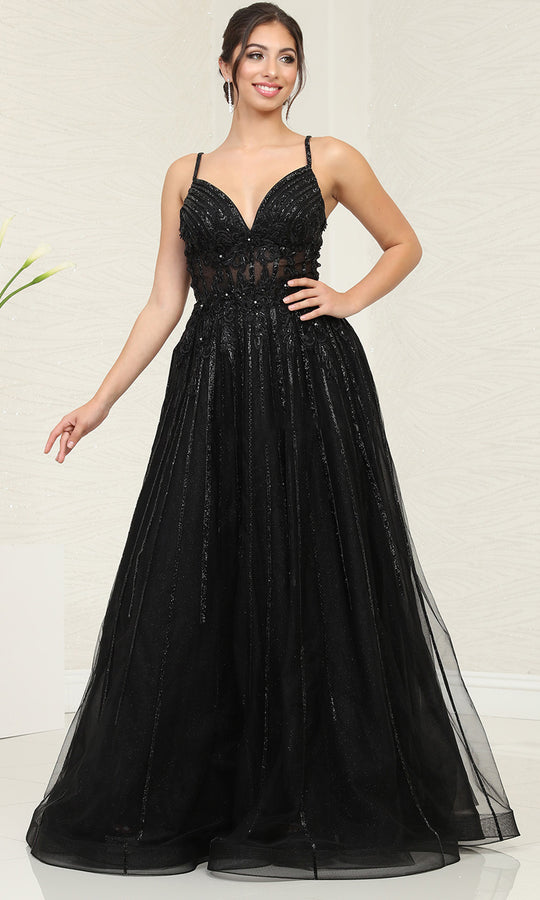 May Queen RQ8143 - Beaded Applique A-Line Prom Gown with Open Back