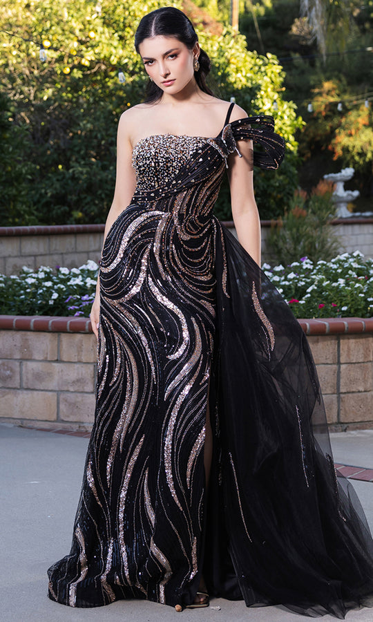 May Queen RQ8192 - Butterfly Appliqued One Shoulder Gown