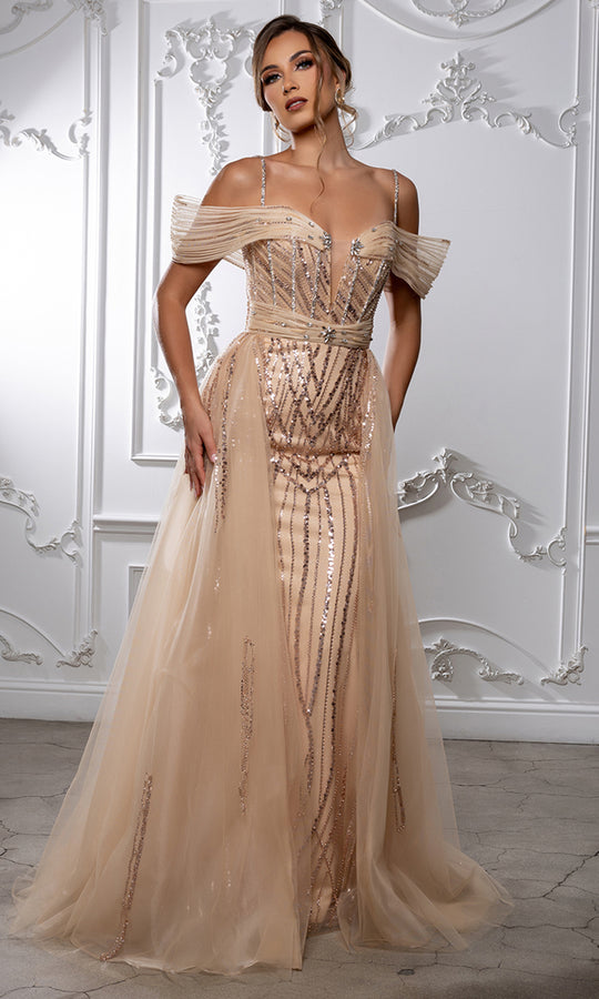 May Queen RQ8224 - Off Shoulder Beaded Sheath Gown with Overskirt