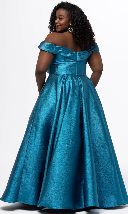 Sydney's Closet SC7449 - Satin Off Shoulder Pleated Evening Gown