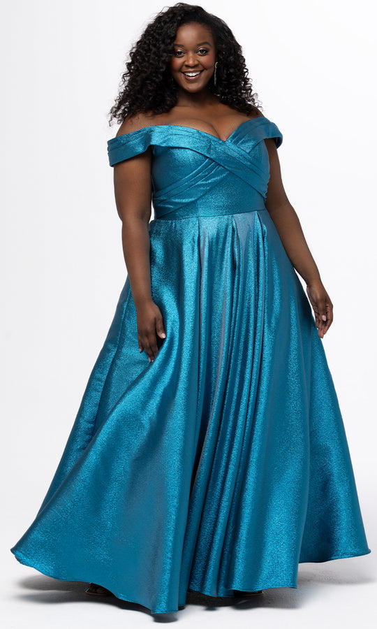 Sydney's Closet SC7449 - Satin Off Shoulder Pleated Evening Gown