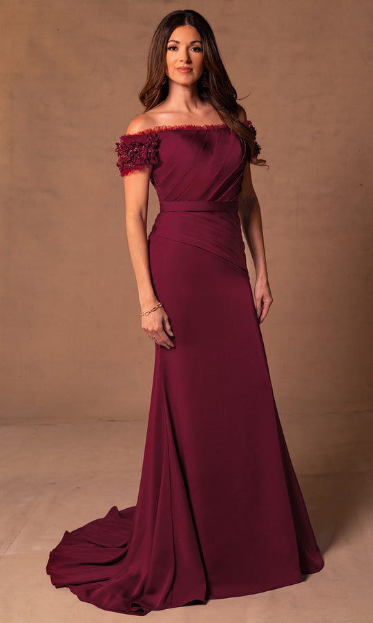 Rachel Allan RB8180 - Pleated Off Shoulder Gown with Floral Sleeves