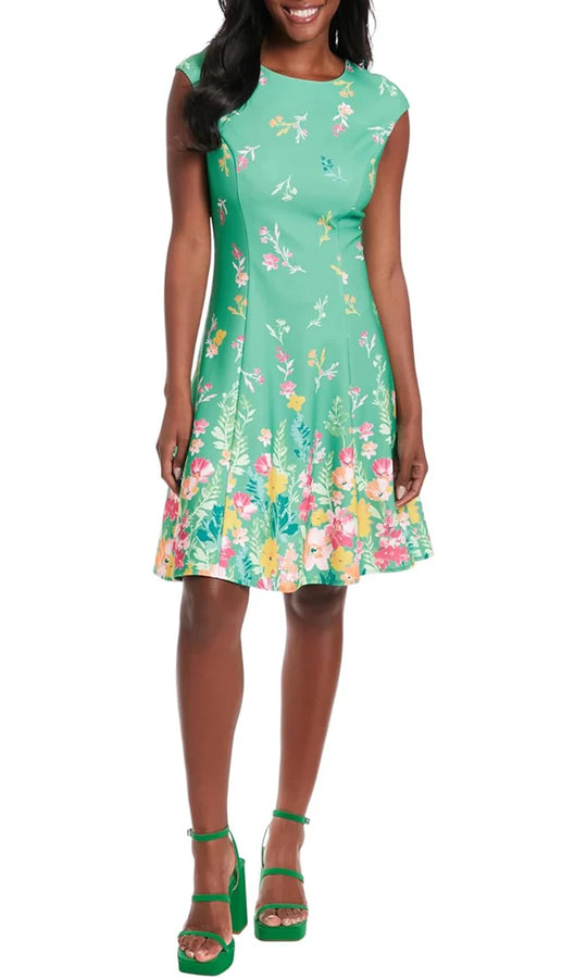 London Times T7431M - Floral Print A-Line Cap Sleeve Dress
