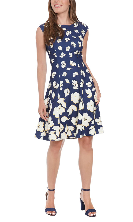London Times T7776M - Floral Cap Sleeve Fit and Flare Dress