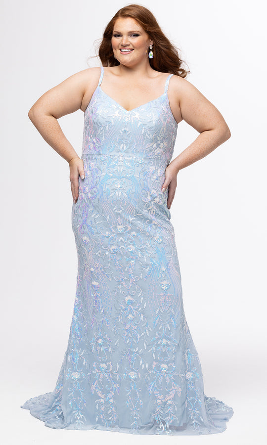 Sydney's Closet TE2602 - Sequin Floral V Neck Mermaid Dress
