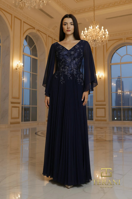 Terani Couture 261M6681 - Embroidered Cape Sleeve Chiffon Gown