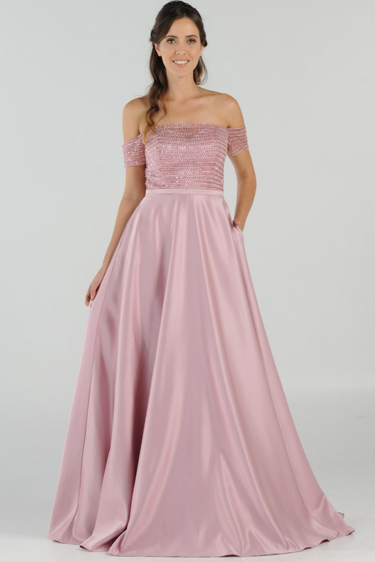 Poly USA 8132 - Rhinestone Bodice Off Shoulder Satin Dress
