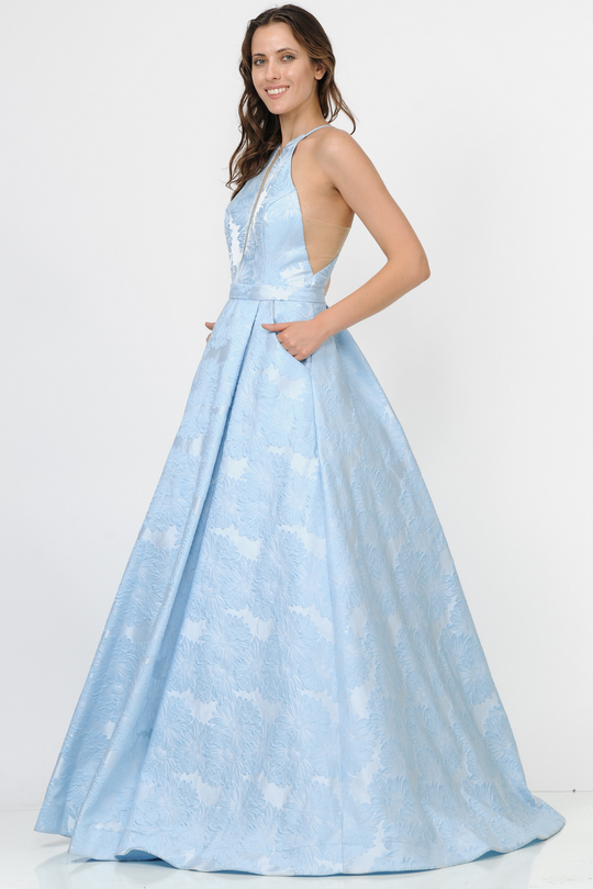 Poly USA 8402 - Floral Jacquard Halter Evening Gown