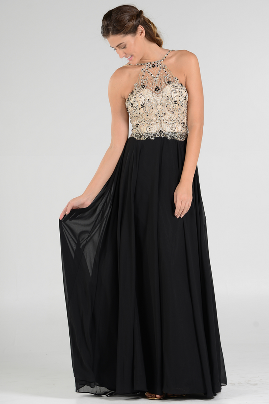 Poly USA 7826 - Halter Long A-Line Gown with Beaded Top