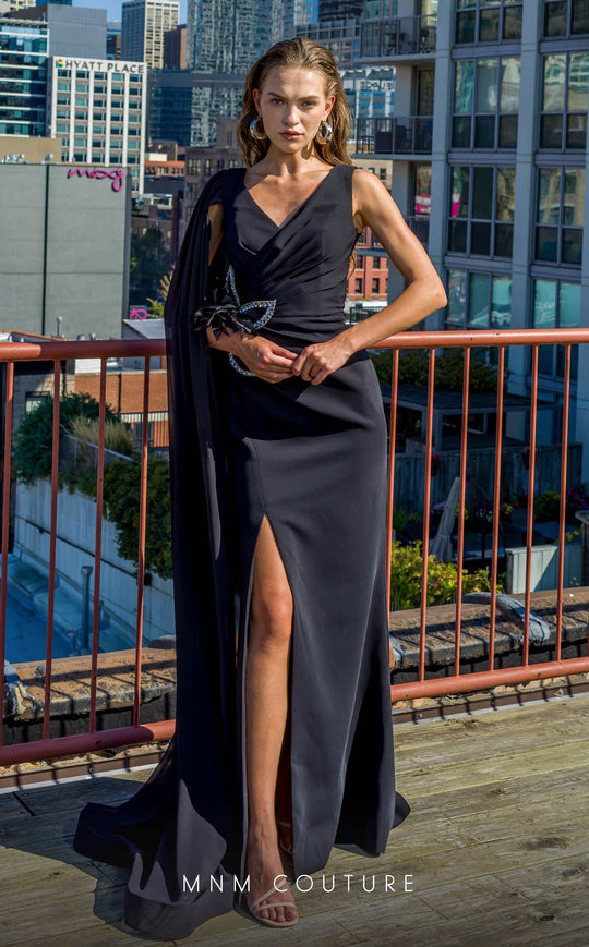 MNM COUTURE V07523 - One Shoulder Cape Ruched Evening Gown