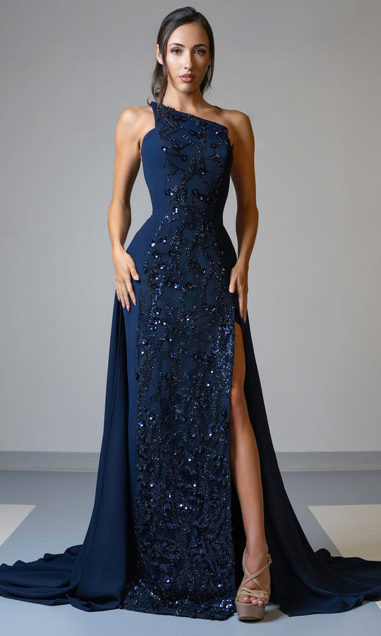 MNM Couture V07539 - Asymmetric Neckline Beaded Gown