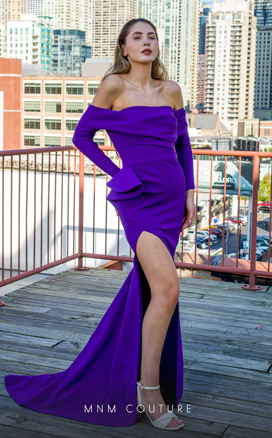 MNM COUTURE V07565 - Long Fitted Sleeve Peplum Evening Gown