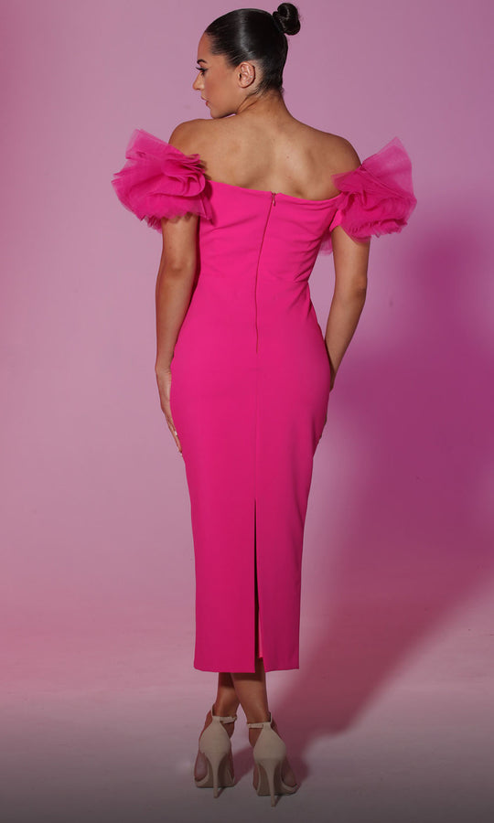 MNM COUTURE V6708 - Off Shoulder Ruffle Sleeve Sheath Dress