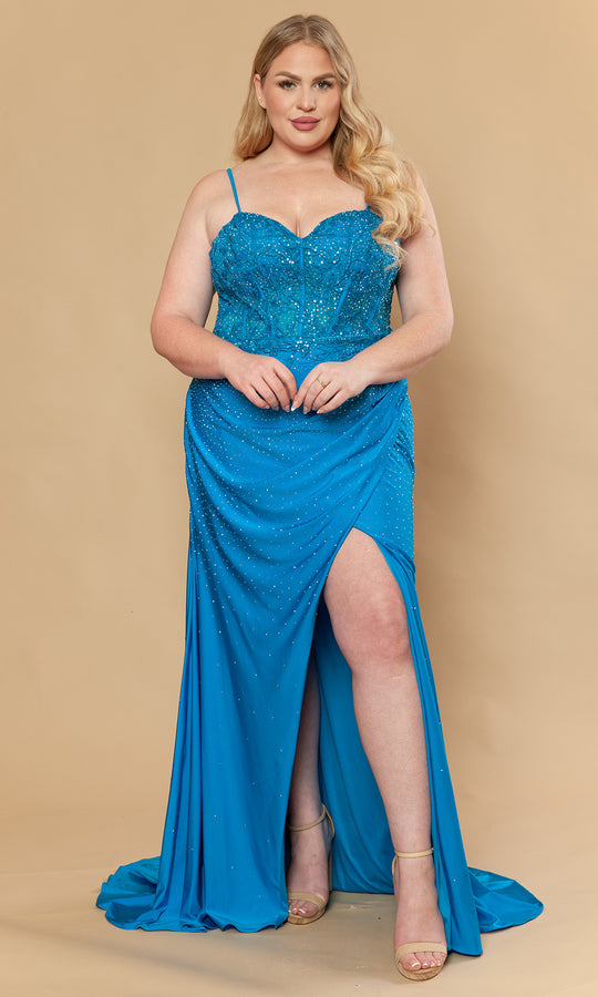 Poly USA W1242 - Embroidered Corset Spaghetti Strap Long Gown