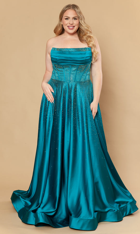 Poly USA W1244 - Rhinestone Satin Straight Neck Gown