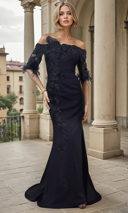 Janique W3061 - Off Shoulder Mermaid Gown with Floral Applique