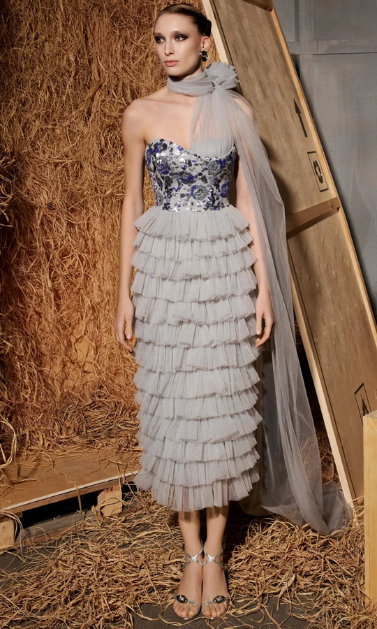 MNM Couture N0641 - High Neck Tea Length Evening Dress