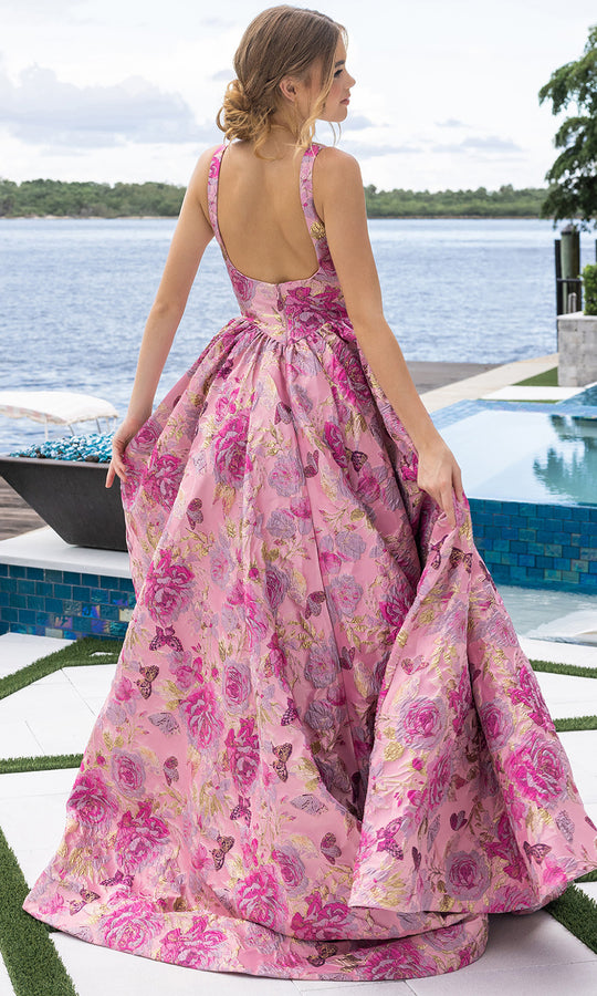 Portia and Scarlett XO188 - Square Neckline Floral Print Ballgown