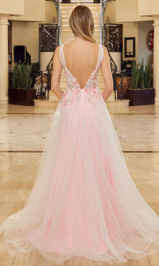 Nox Anabel Y1799 - Floral Applique V Neck Tulle Gown